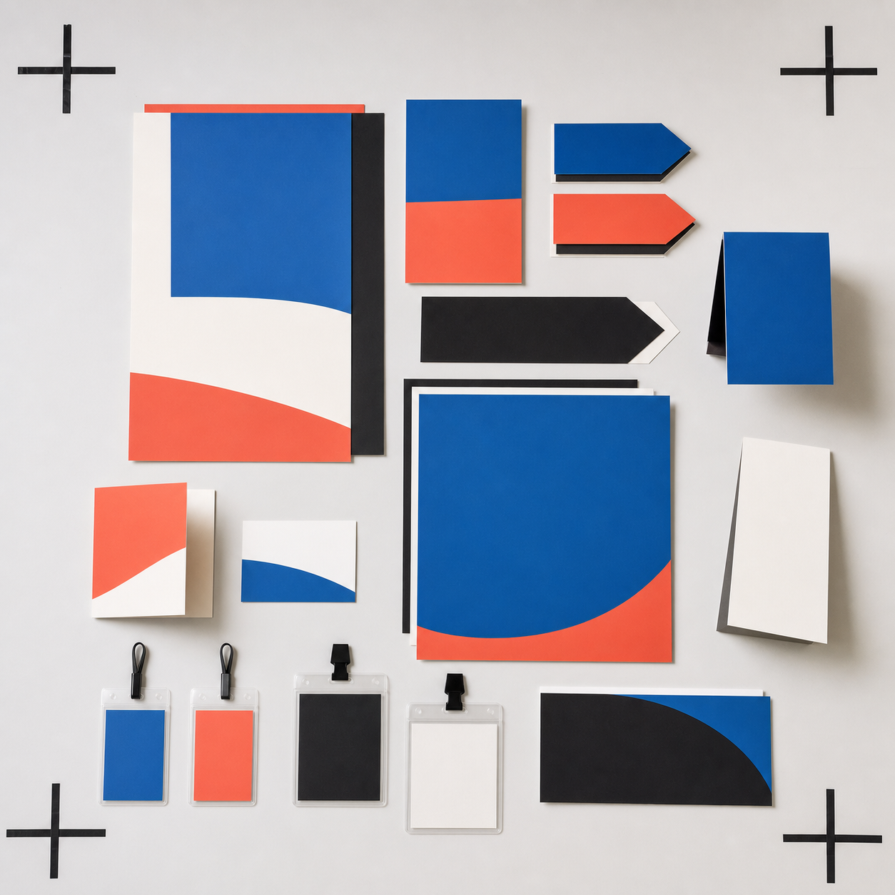 Table de préparation d’imprimés en bleu, corail et noir, image illustrative